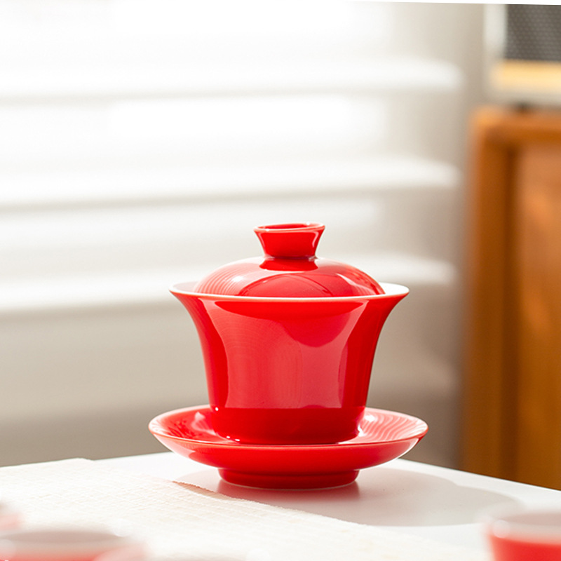 陶瓷红色釉三才盖碗家用不烫手马蹄泡茶盖碗敬茶碗婚庆羊脂玉瓷