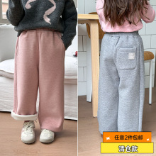 清仓款【加绒】童裤女童韩版洋气加厚复合一体羊绒贴标直筒休闲裤