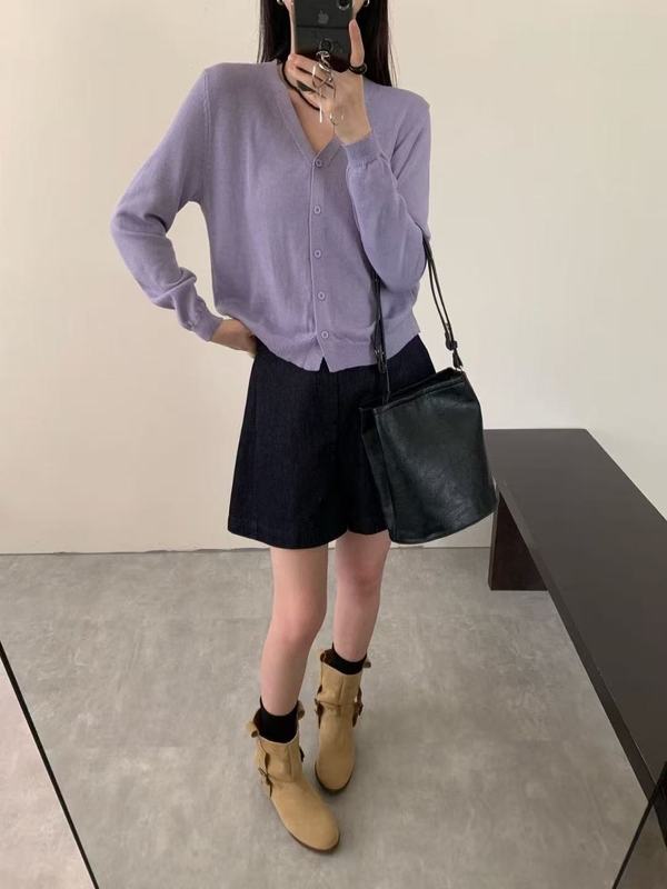韩系V领毛针织开衫女早秋穿搭新款长袖显瘦休闲毛衣短款薄款上衣|undefined
