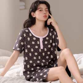 夏季新款纯棉女短袖短裤套头睡衣网红修身女家居服图片色圆领居家