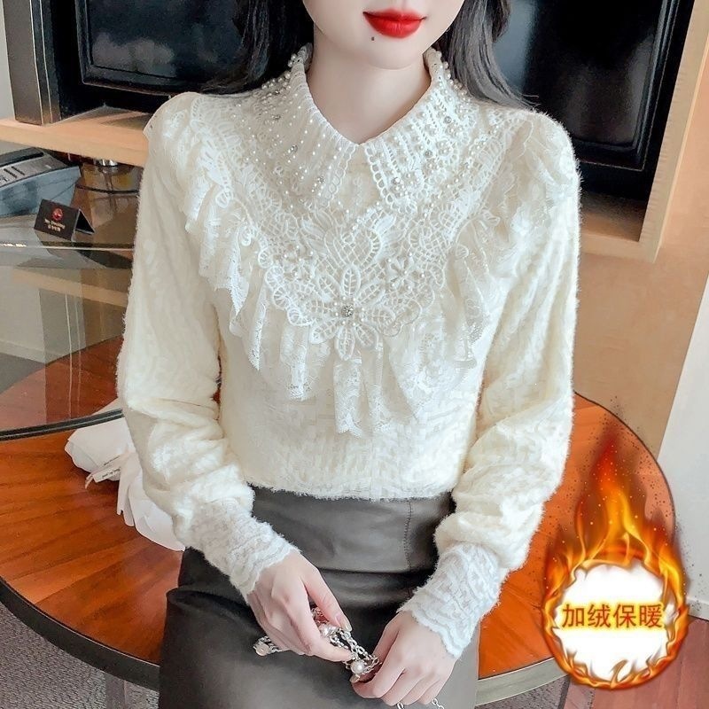 荷叶边加绒娃娃领蕾丝打底衫女秋冬2026新款高端钉珠气质内搭上衣