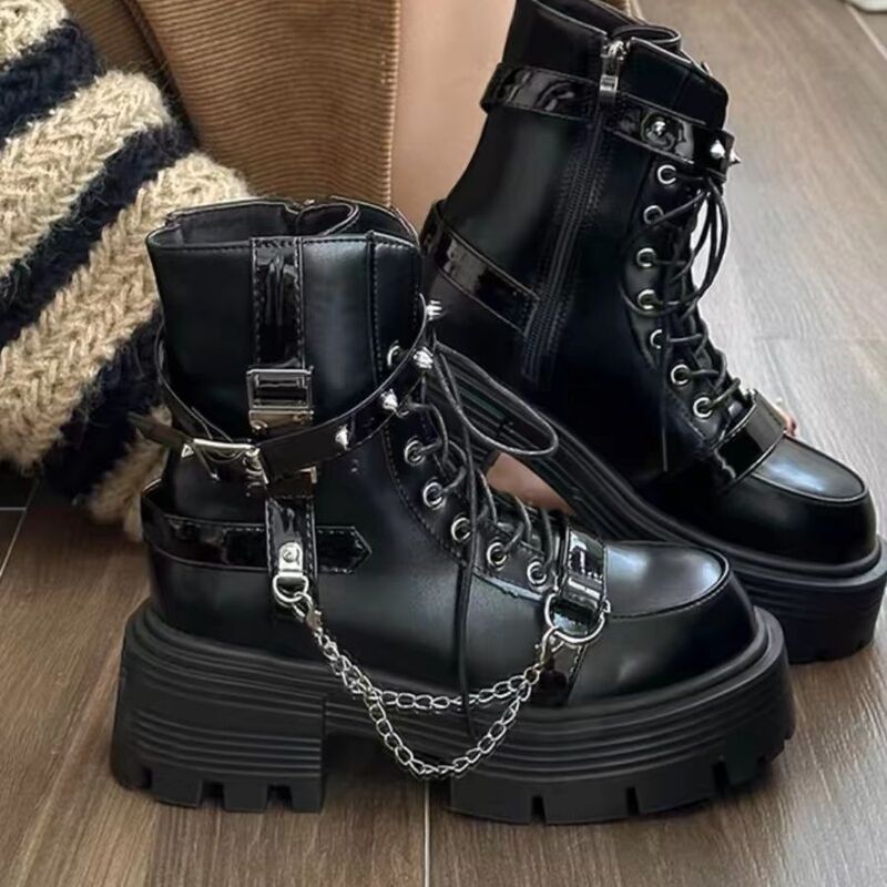 Y2K Thick-Soled Boots for Women 2025 Spring and Summer New Black All-Match Motorcycle Boots Increased British Style Short Boots Trbottomy Shoes Y2K Thick-Soled Boots for Women 2025 Spring and Summer New Black All-Match Motorcycle Boots Increased British Style Short Boots Trbottomy Shoes