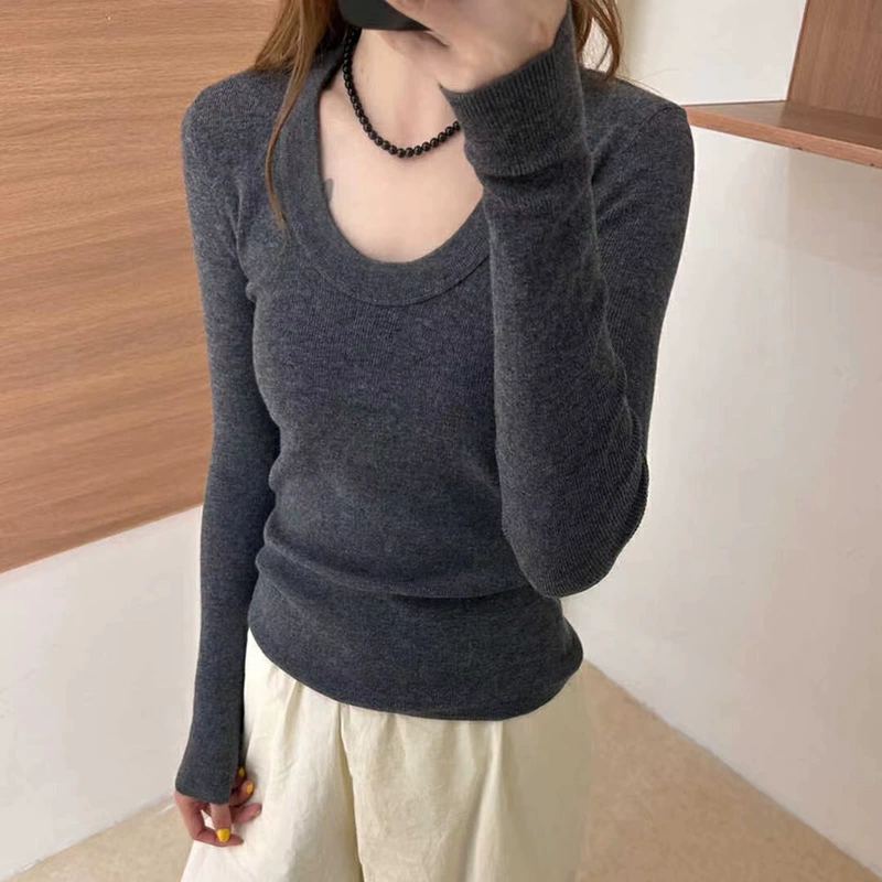 Женский свитер из 100% шерсти, осенний, 16-го класса толщины, немецкий трикотаж Stoll, 48 нитей, с U-образным вырезом, приталенный пуловер, базовая футболка.