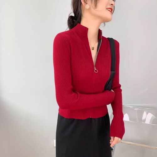 Short zipper stand-neck retro French casual lazy sweater coat Small figure slim-fitting knitted cardigan