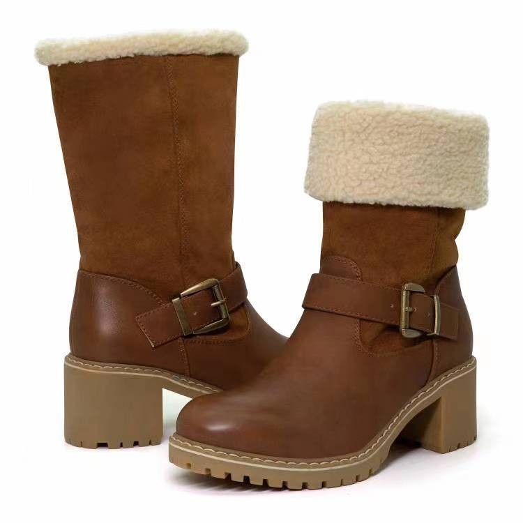 Women's Shoes new short boots women's boots mid tube thick heels high heels suede snow boots belt buckle large size women's cotton boots_voghion.com