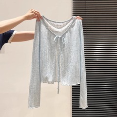 フレンチレースアップ長袖日焼け止めニットカーディガンTシャツ女性用2025夏新作薄手スタイルサスペンダー付き美しいトップ