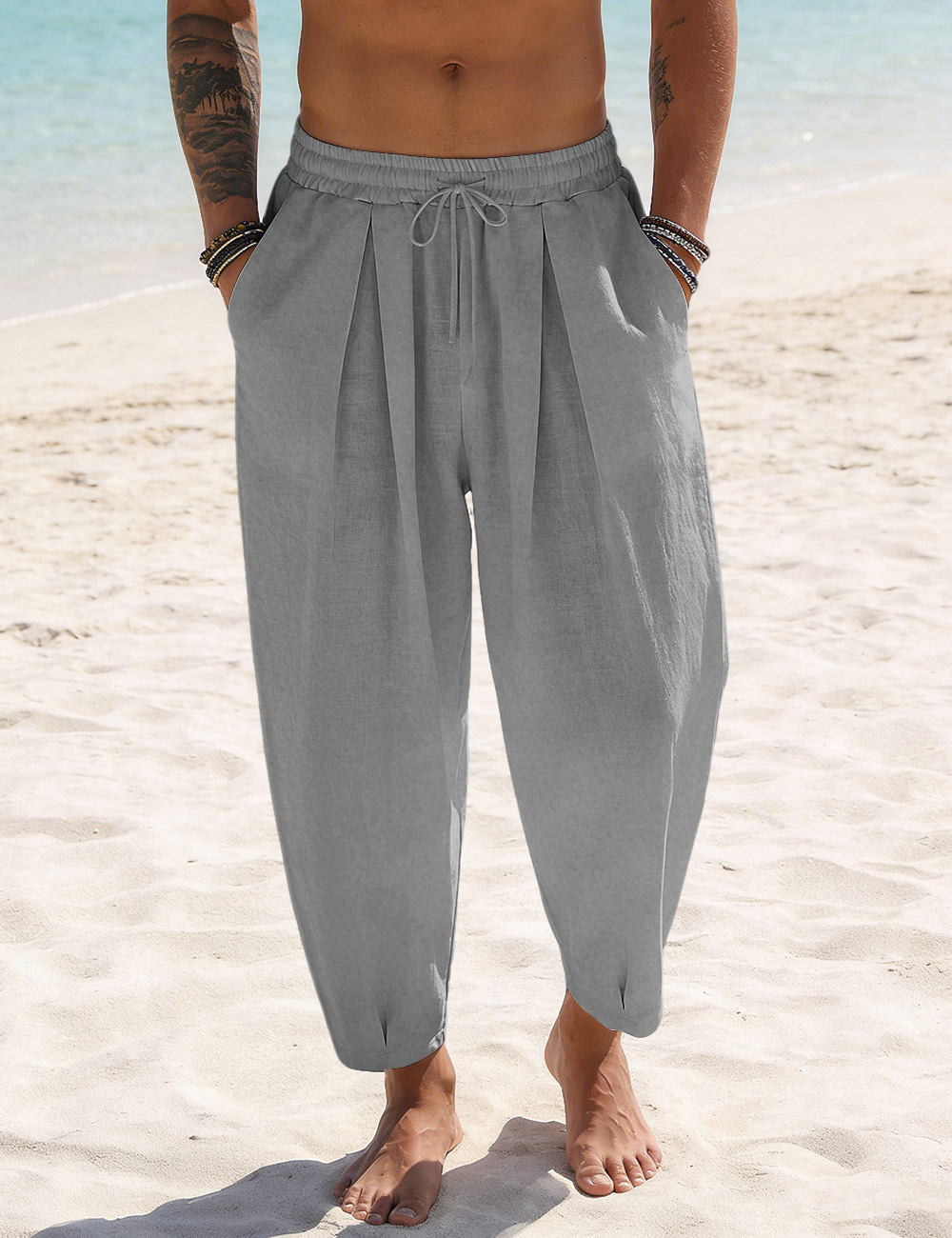 Transfronterizo TK hombre algodón lino sólido pantalones de playa Amazon transpirable rápido secado vacaciones americano pantalones casuales grandes
