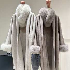 秋冬季V领羊毛大衣女狐狸毛领毛袖双面呢毛呢系带中长款气质外套