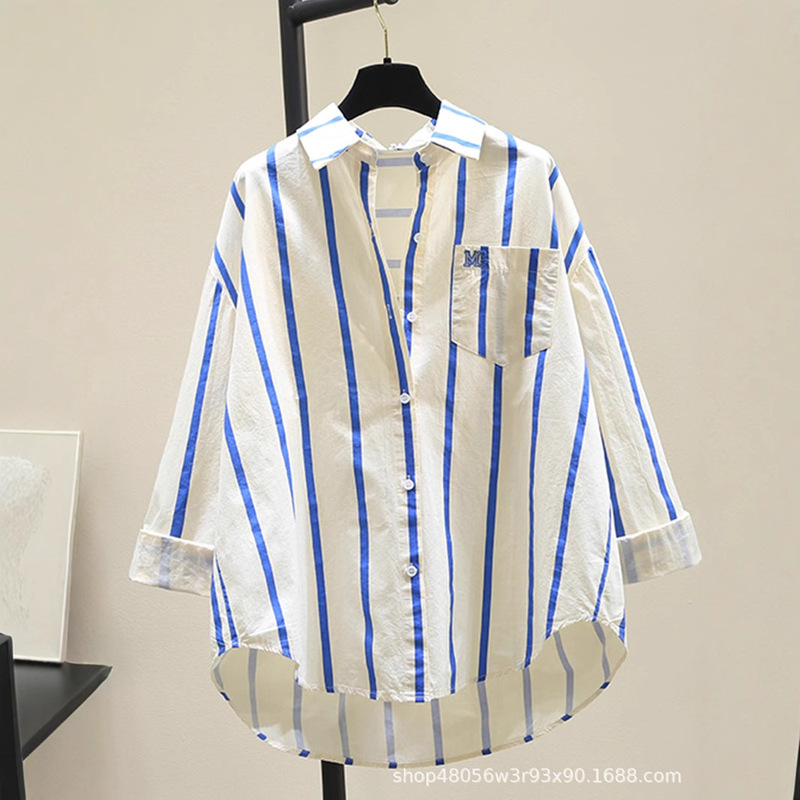 Age-reducing Green Striped Shirt Women's 2025 Spring and Summer New Korean-style Loose Casual Long-sleeved Shirt Sun Shirt Top