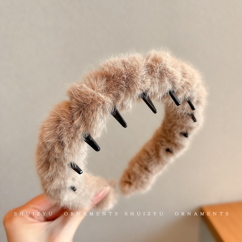 Alto cráneo de lana ondulado banda de cabello para mujeres lavado de cara maquillaje especial banda de cabello con dientes antideslizante acabado de cabello agrupado tocado