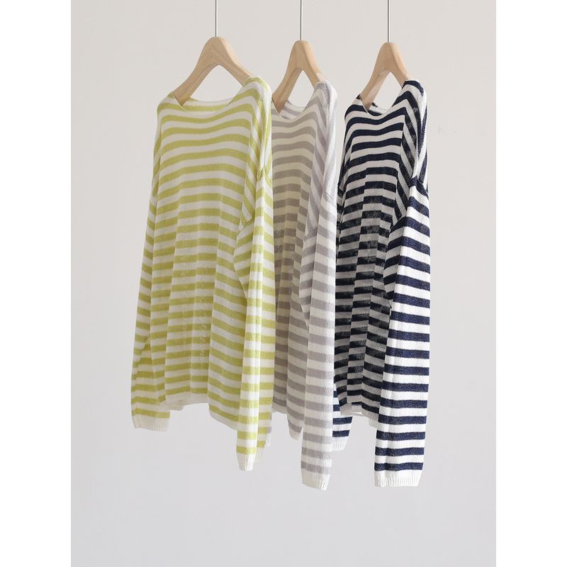 Spring and Summer French-Style Off-Shoulder Loose Striped Knit Sweater with Long Sleeves, Versatile Pullover Top for Women