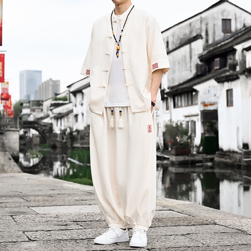 New Chinese Style Embroidered Short-Sleeve Shirt Set for Middle-Aged and Young Men with Chinese Style Buttons, Versatile Summer Two-Piece Set with Trousers