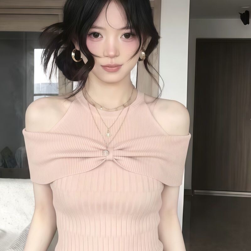 Gentle Style Halter Neck Knitted Short-Sleeve Women's Summer Outfit, Waist-Cinching Slimming Twist T-Shirt, Stunning and Beautiful Off-Shoulder Top