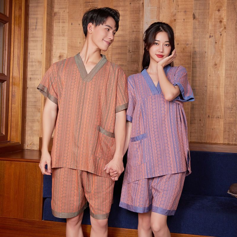 퓨어 코튼 칸 김이 의류 여성 커플 의류 코튼 사우나 의류 코튼 리넨 목욕 의류 남성용 한 김이 옷 땀을 흘리며 통기성 세트 흡수합니다.
