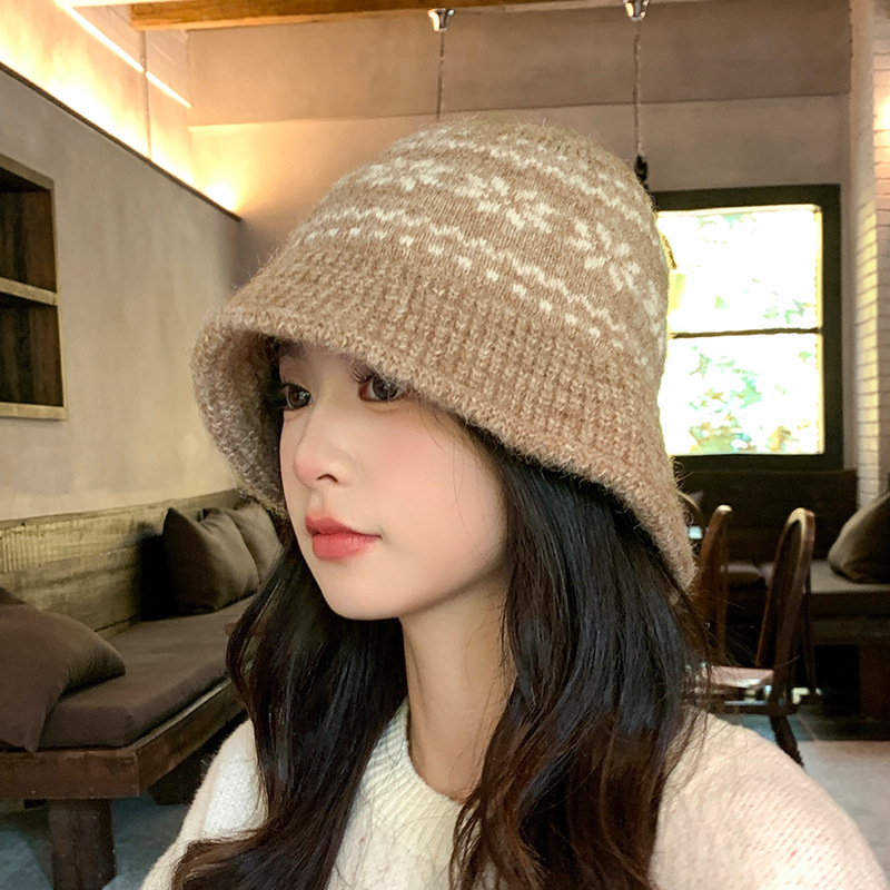 秋冬日系复古渔夫帽子女雪花针织盆帽加厚保暖百搭显脸小毛线帽潮|undefined