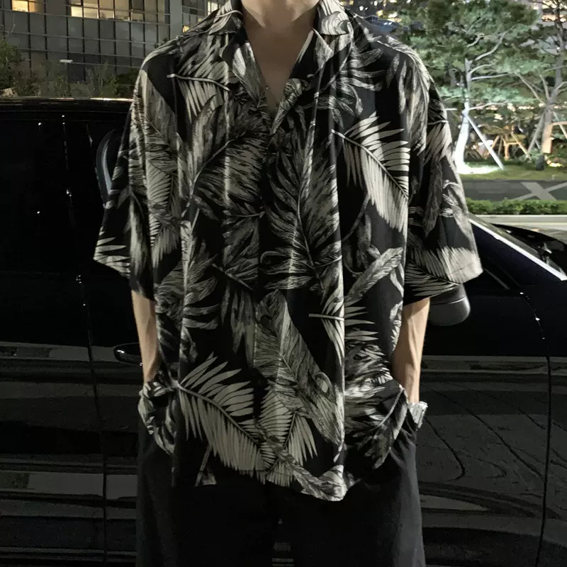 夏季花衬衫男冰丝薄款痞帅七分袖宽松衬衣沙滩夏威夷寸衫痞帅ins