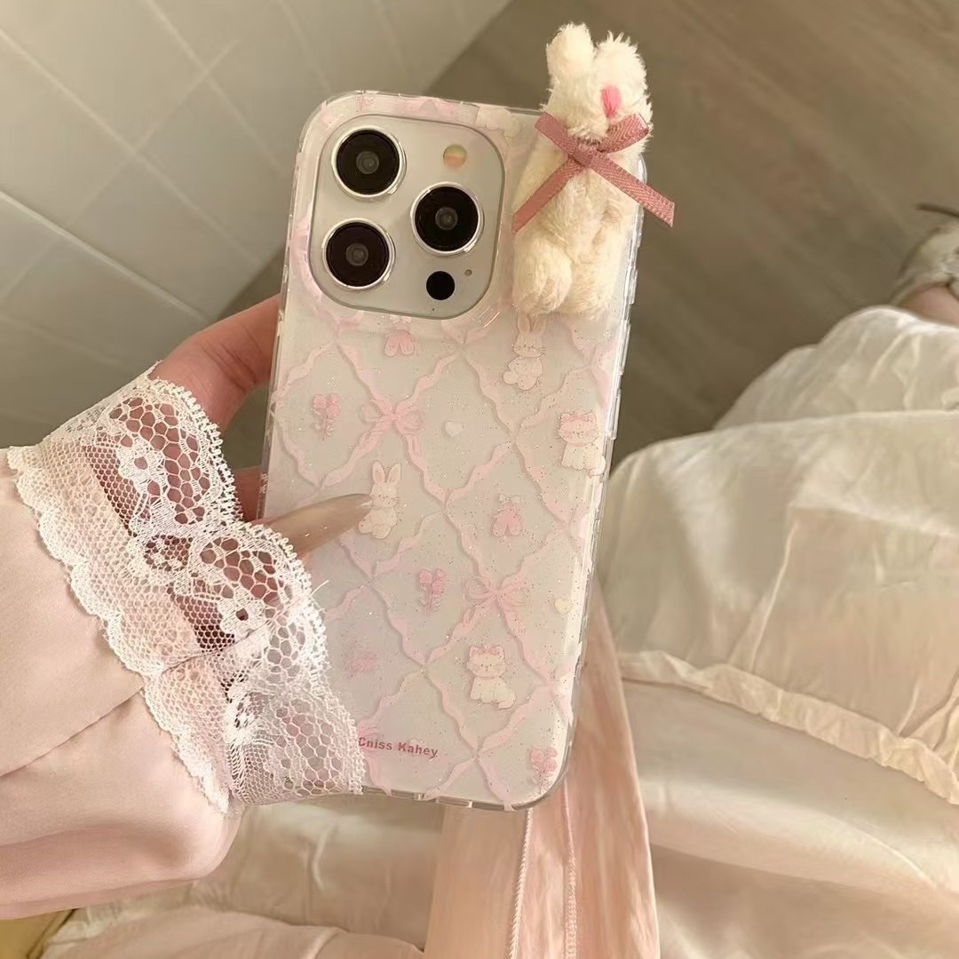 Lingge Bowknot Bunny para iPhone15/16 Flower Bunny 14pro lindo 16ProMax Girl Heart