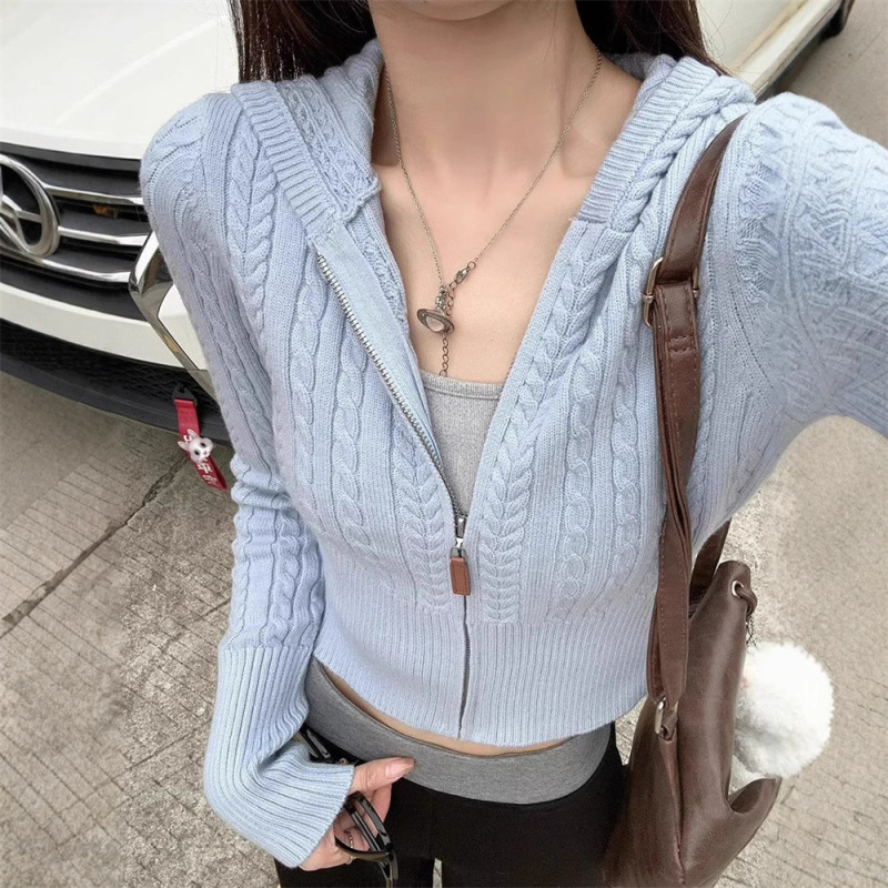 跨境欧美拉链麻花毛衣外套女春秋新款小个子显瘦短款针织开衫上衣|undefined