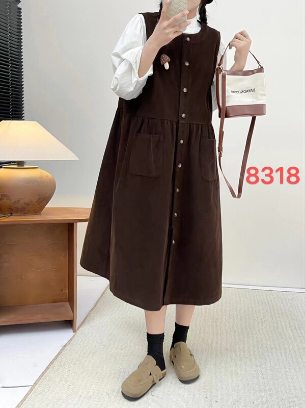 Japanese Corduroy Dress with Straps Mid-length dress Women's Artistic plus size Double-breasted Sleeveless Vest Skirt Japanese Corduroy Dress with Straps Mid-length dress Women's Artistic plus size Double-breasted Sleeveless Vest Skirt