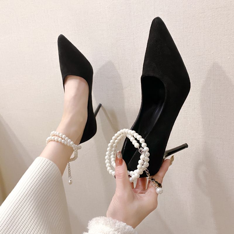 Pointed Toe Pumps 2024 New Model Pearl Suede High-End Fairy Black Thin Heel Non-Slip Strap High Heels For Women_voghion.com