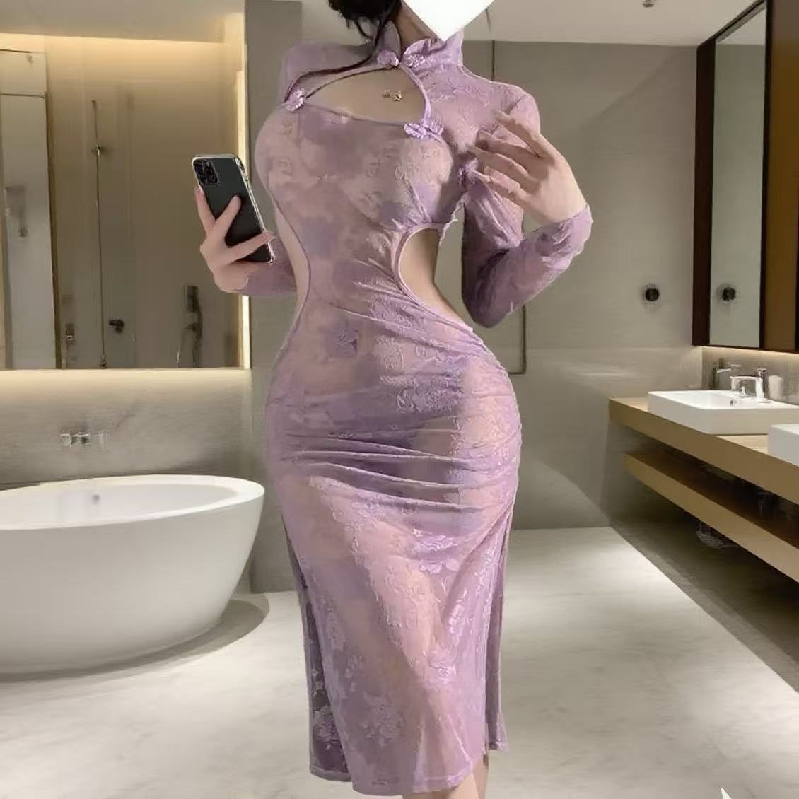 Butterfly Rain New Chinese Style Halter Neck Lace Cheongsam Sheer Temptation Bodycon Dress Sexy Lingerie Pure Desire Sleepwear