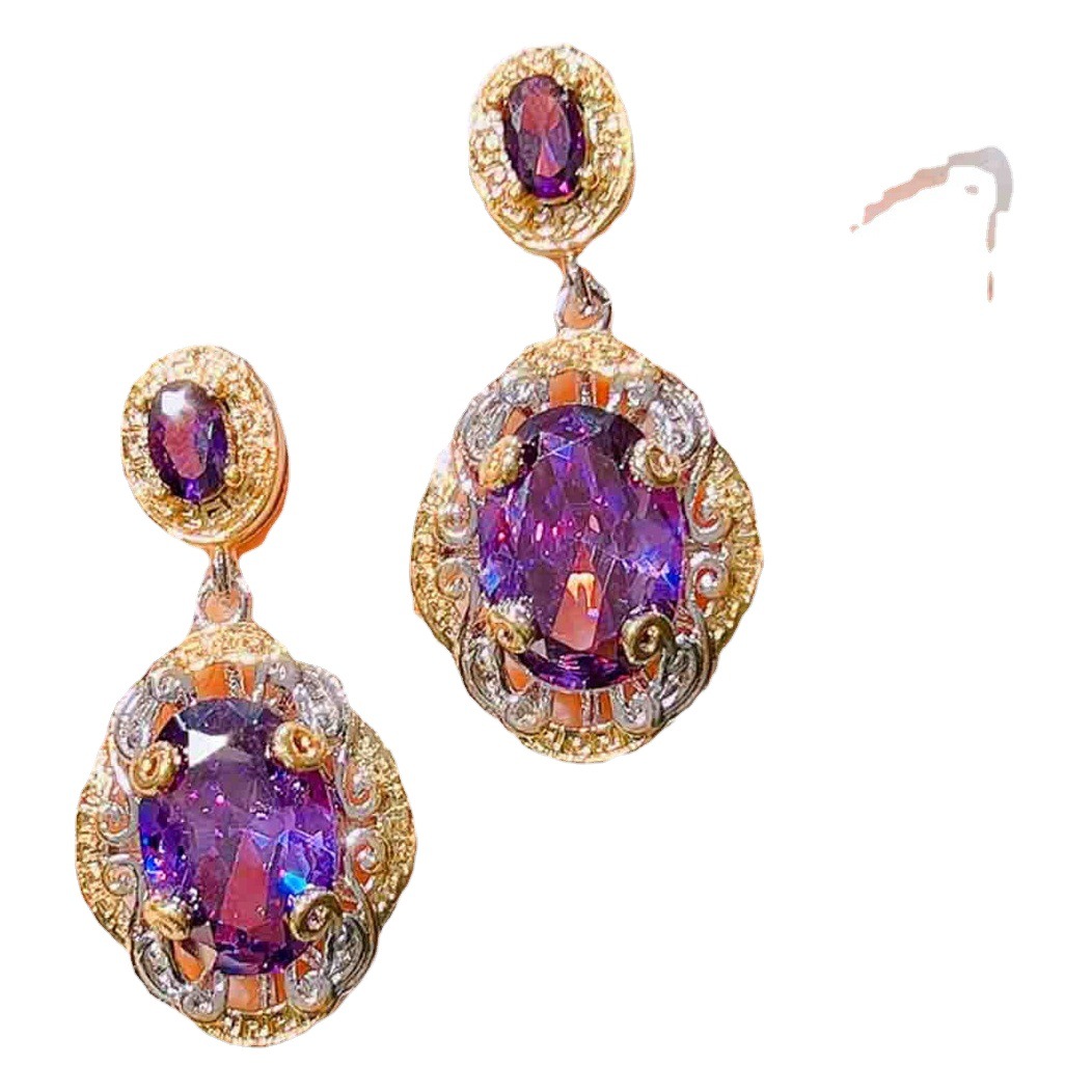 Traje de diamante púrpura artesanal en tono dorado retro italiano colgante de amatista oro de doble color anillo abierto pendientes coloridos del tesoro