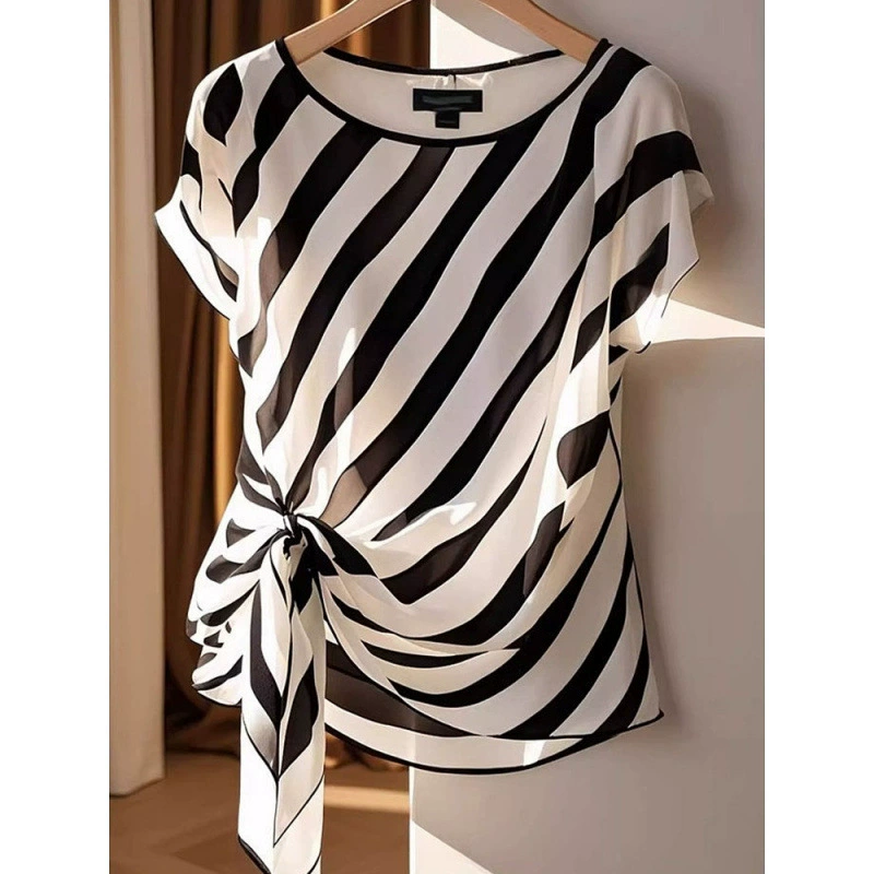 Черно-белый полосатый шифоновый топ, женская летняя рубашка с короткими рукавами, новый стиль, дизайн, нерегулярная французская рубашка