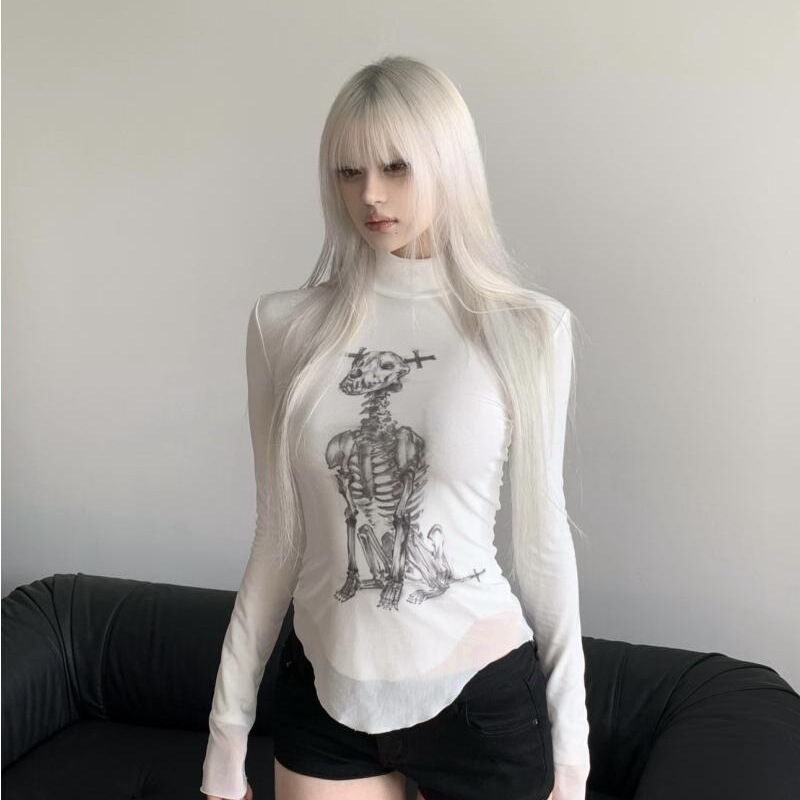 Pas a Pas" Skull Puppy Print Half-Turtleneck Long-Sleeve Slim-Fit Women's T-Shirt Top Pas a Pas" Skull Puppy Print Half-Turtleneck Long-Sleeve Slim-Fit Women's T-Shirt Top