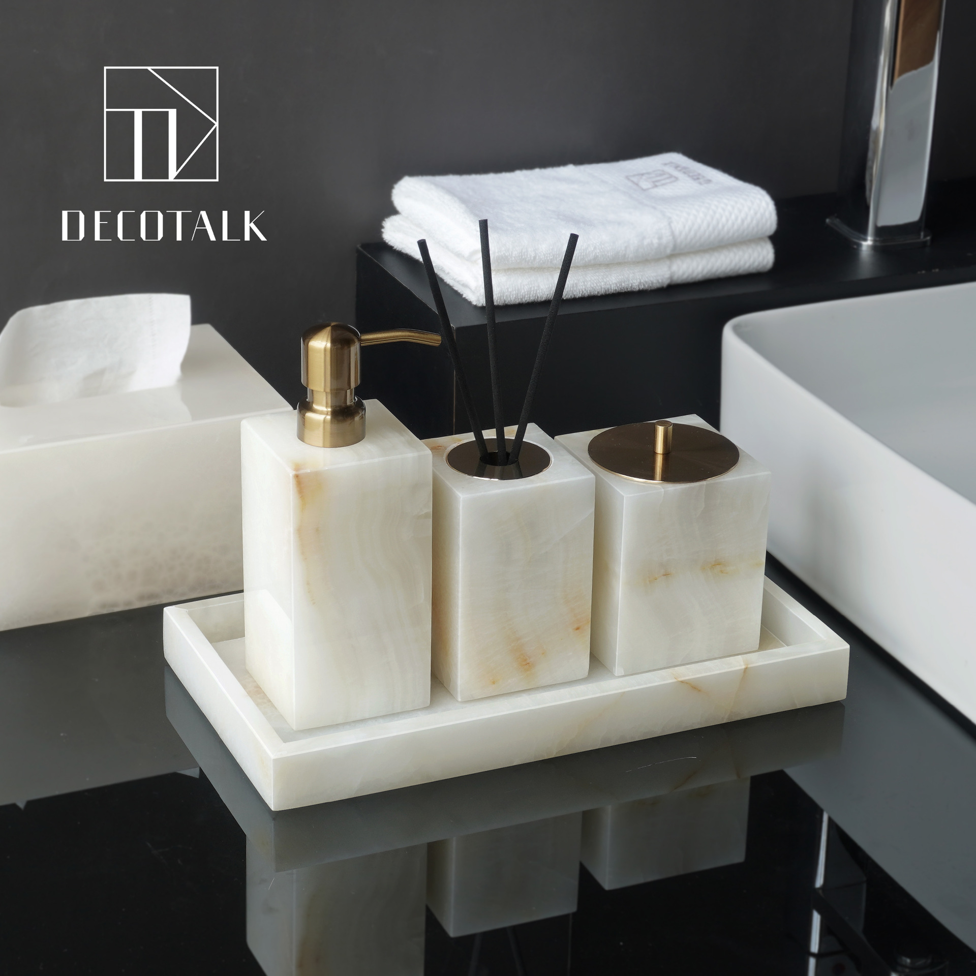 DecoTalk, lujo ligero, estilo antiguo, jade blanco, mármol natural, kit de lavado de baño, bandeja de caja de pañuelos de aromaterapia
