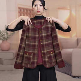 一件代发小香风外套格子宽松圆领新款妈妈装秋季气质女装开衫短款