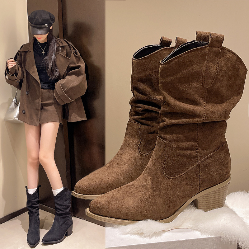 Thick High-Heeled Khaki Slim Boots V-Mouth Short Boots for Women 2025 Autumn and Winter New Style Boots Mid-Calf Boots Thick High-Heeled Khaki Slim Boots V-Mouth Short Boots for Women 2025 Autumn and Winter New Style Boots Mid-Calf Boots