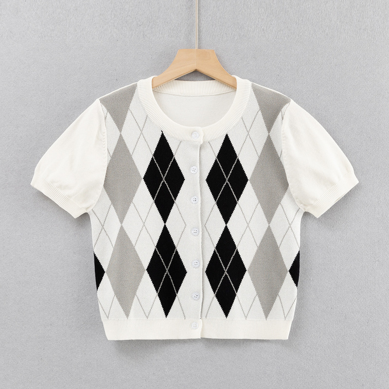21165-21 Korean version of slim fit small round neck rhombus color matching short sleeve pullover sweater cardigan jacket women