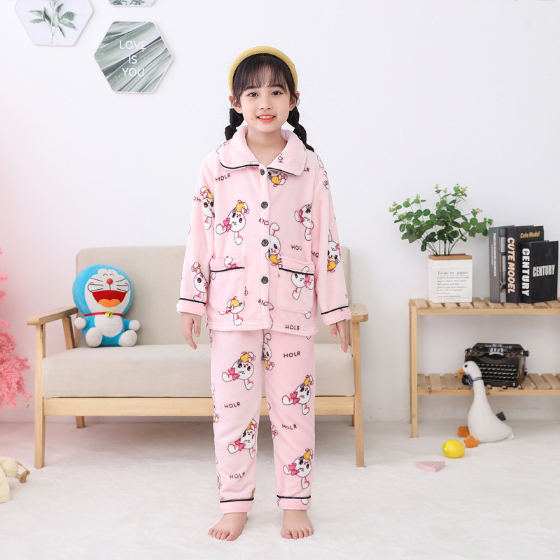Traje de pijama de franela para niños Otoño e Invierno nuevos niños y Niñas Ropa Para el hogar traje ropa para padres e hijos forrada de lana engrosada ropa para niños