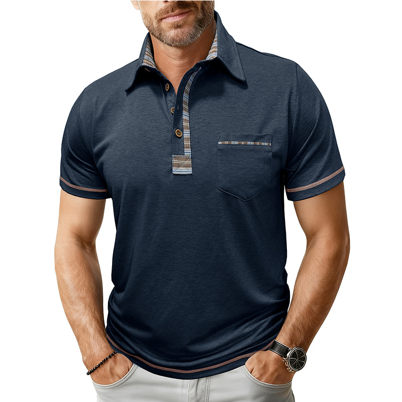 2026 European and American Men's Large Size Lapel Short-Sleeved Polo Shirt Top Export Spring and Summer Flap Pocket Pants Casual Button Men's T-Shirt