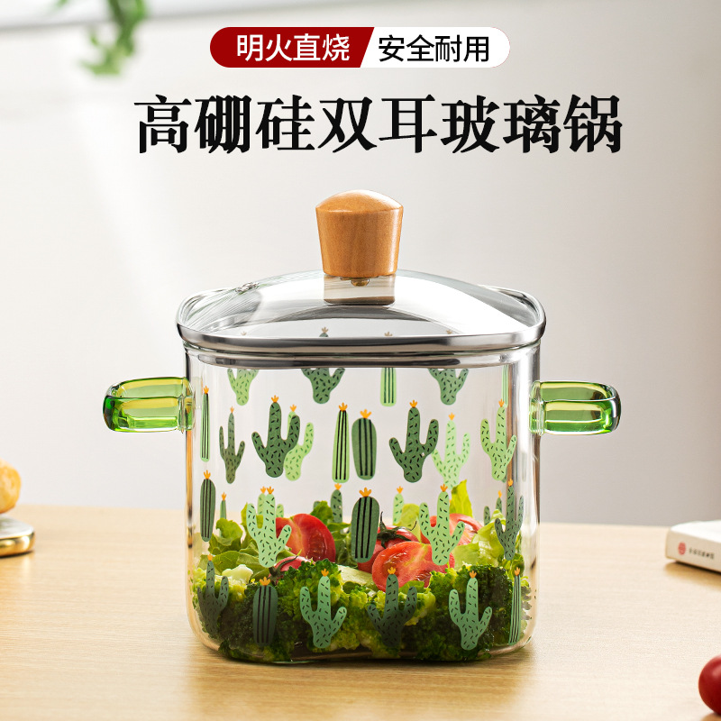 High Borosilicate Double-Ear Glass Pot, Cactus-Shaped Transparent Milk Pot, Large Capacity Kitchen Pot with Lid, High Temperature Resistant, Non-Coated