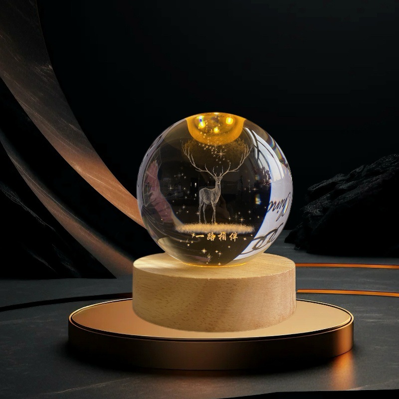 Lámpara de Noche de Cristal con Diseño de Cielo Estrellado 3D, Regalo Navideño, Base Redonda de Madera Luminosa, Lámpara de Mesa, Adorno, Regalo de Navidad