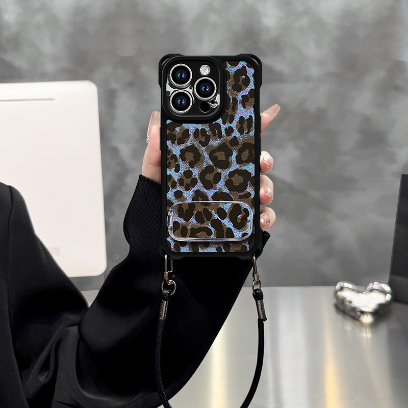 蓝豹纹支架适用苹果16promax手机壳iphone13软硅胶15四角挂绳14女|undefined