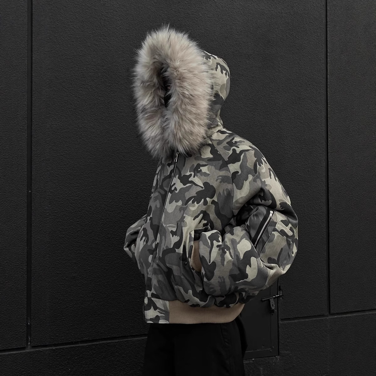 座山雕大毛领迷彩棉服男冬季加厚高街bomber美式飞行夹棉夹克棉衣