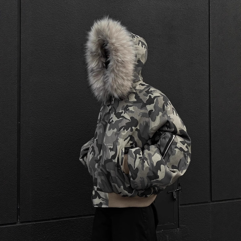 Men's Winter Thickened High Street Bomber American Flight Cotton Jacket with Large Fur Collar Camouflage Cotton Coat