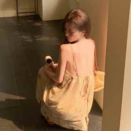 女装夏装新款波西米亚风亚麻沙滩吊带连衣裙