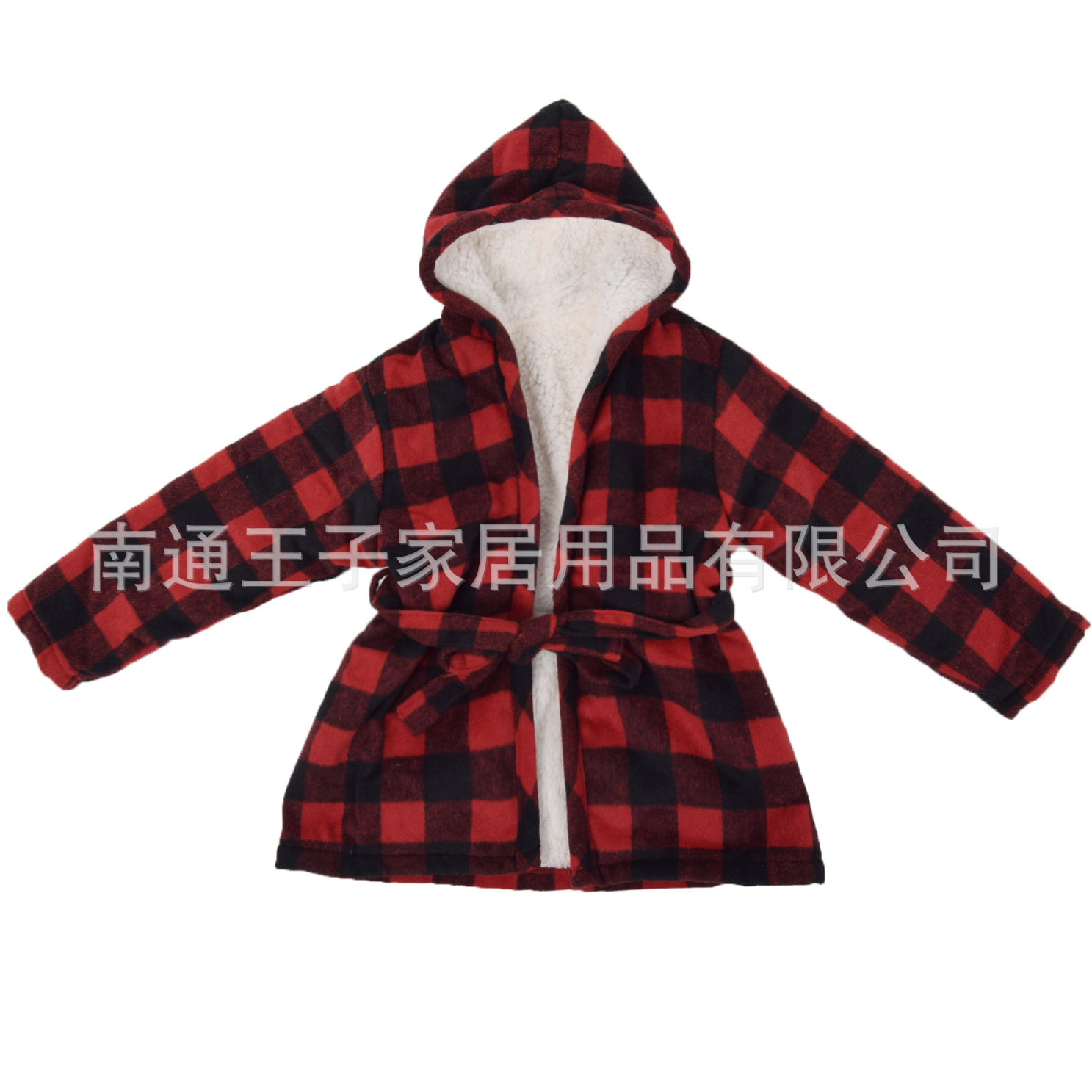 Children's bathrobe red black plaid boys and girls baby nightgown winter lamb wool hooded cloak thickened