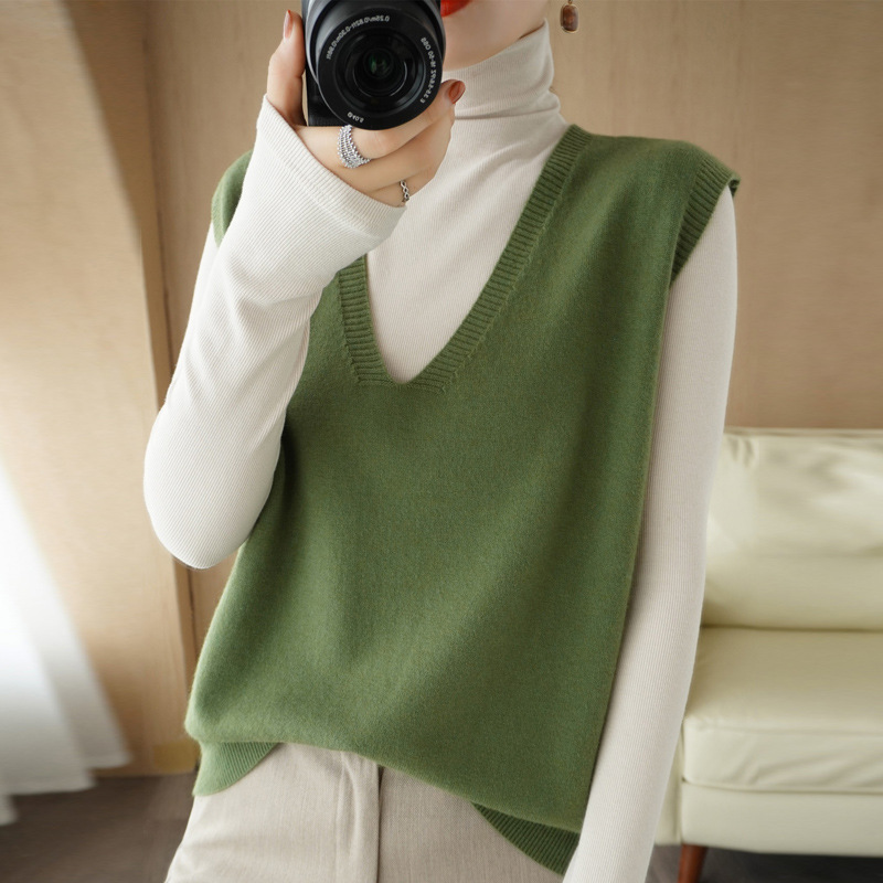A principios de otoño de punto de las mujeres Chaleco con cuello en V suelta desgaste exterior sin mangas chaleco superior casual estilo perezoso suéter al por mayor