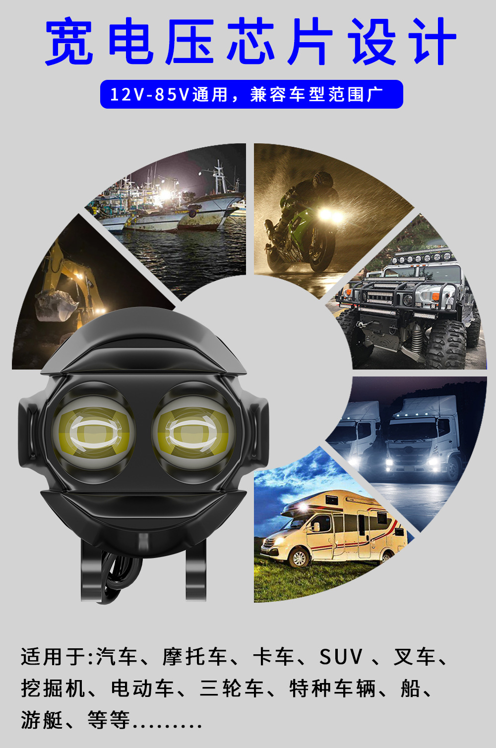 Cross-Border Hot-Selling Motorcycle Led Headlight Modification, Dual-Eye Spotlight, High and Low Beam External Electric Vehicle Headlight