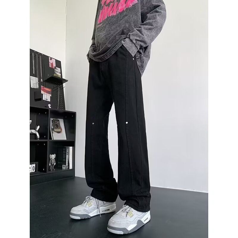 Pantalones vaqueros de micro-corte viejos lavados de la calle americana Pantalones largos de estilo vibe rectos sueltos de primavera y otoño para hombres