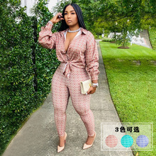 欧美大码女装速卖通发色印花时尚休闲长衣长裤套装DHN009