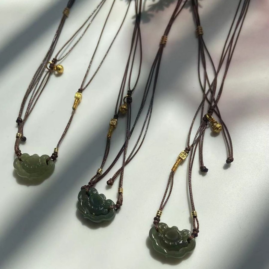 Natural Hetian Jade Ruyi Retro Sweater Chain, Handmade Braided Leather Cord, Original Design, Adjustable, New Style, Versatile