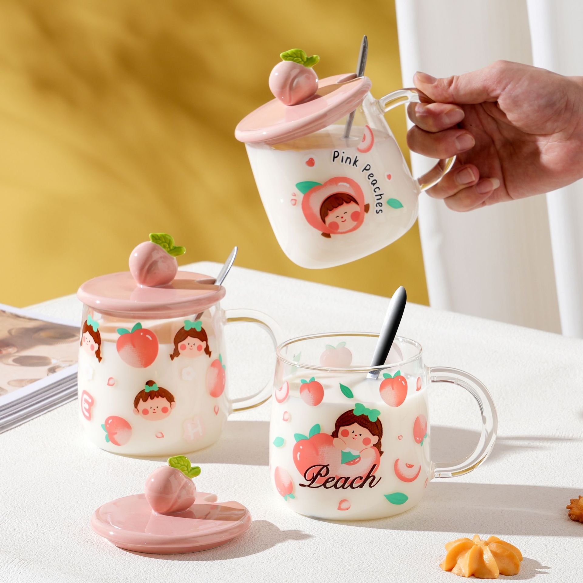 Creativa Rosa Melocotón Chica de vidrio con tapa cuchara regalo personalizado taza de agua estudiante taza de café taza de alta apariencia