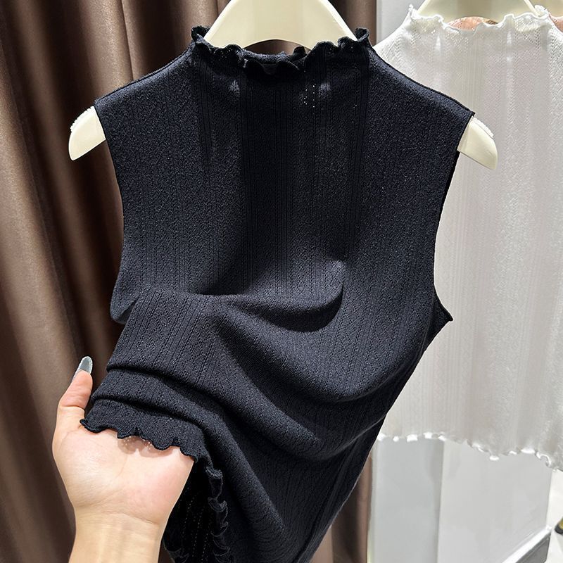 Gentle Knit Sleeveless Base Shirt for Women 2025 Korean Style Slim Fit Half-High Collar Versatile Long-Sleeve Ruffled Thin Top for Women