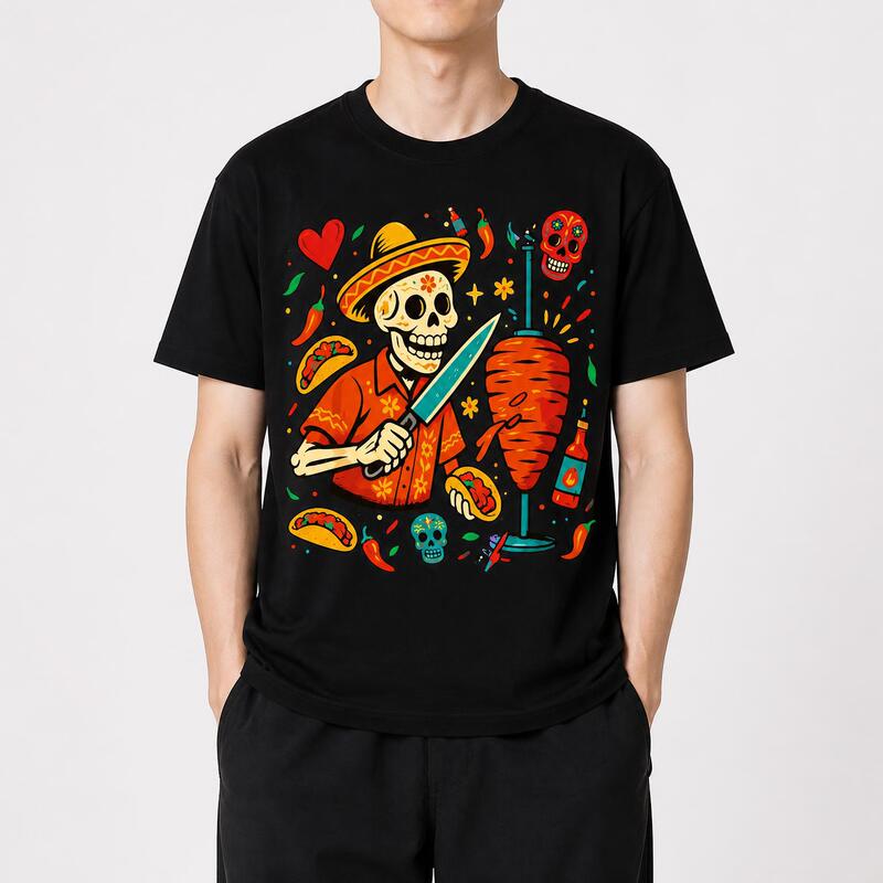 Black pure cotton regular shoulder men's T-shirt with Mexican Day of the Dead print