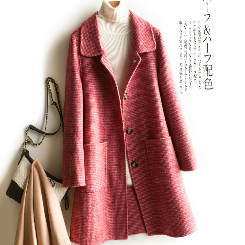 Autumn and Winter New Double-sided Wool Coat Women's Houndstooth Midi Wool Coat Middle-aged and Old Doll Collar